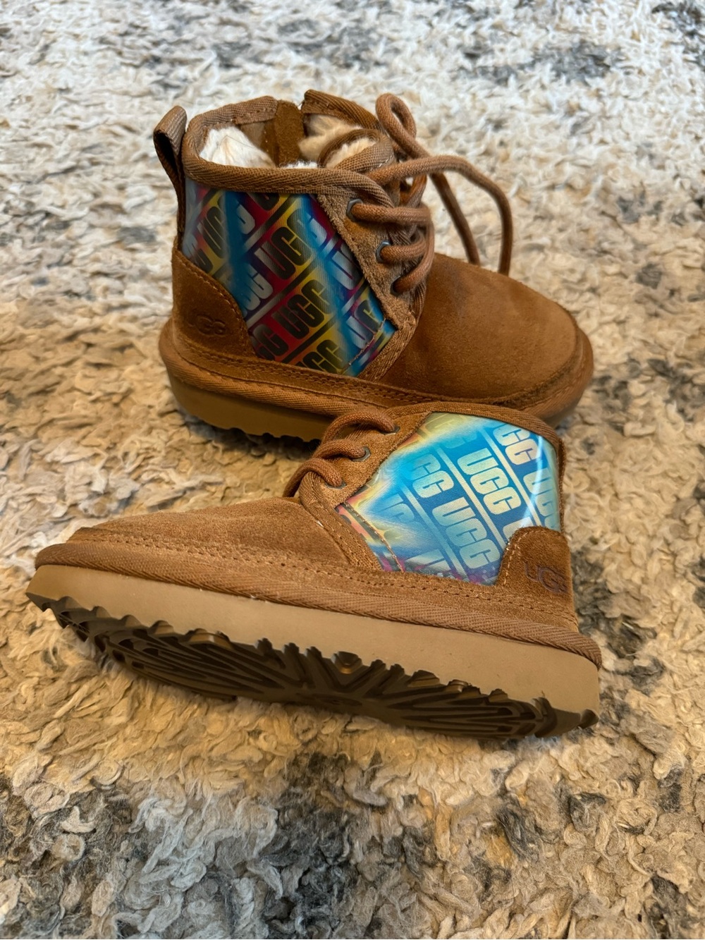 UGG Kids Chestnut Suede Ankle Boots with Rainbow Logo Panel